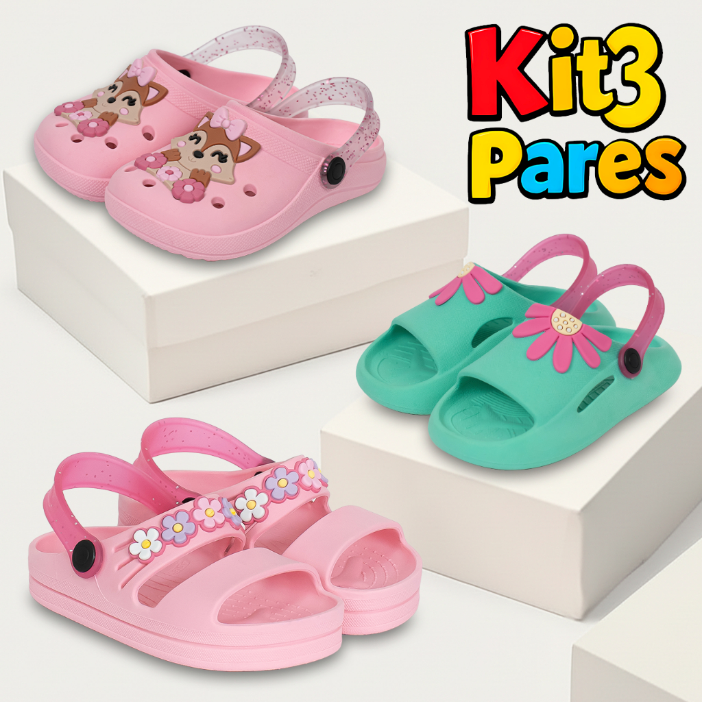 Kit 3 Pares Papete Sandália Infantil Menina Confortável Anatômica