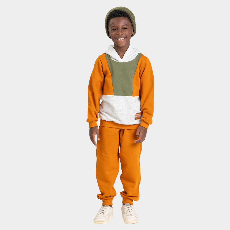 Conjunto Inverno Menino Blusão Recortes com Capuz e Calça com Cadarço em Moletom