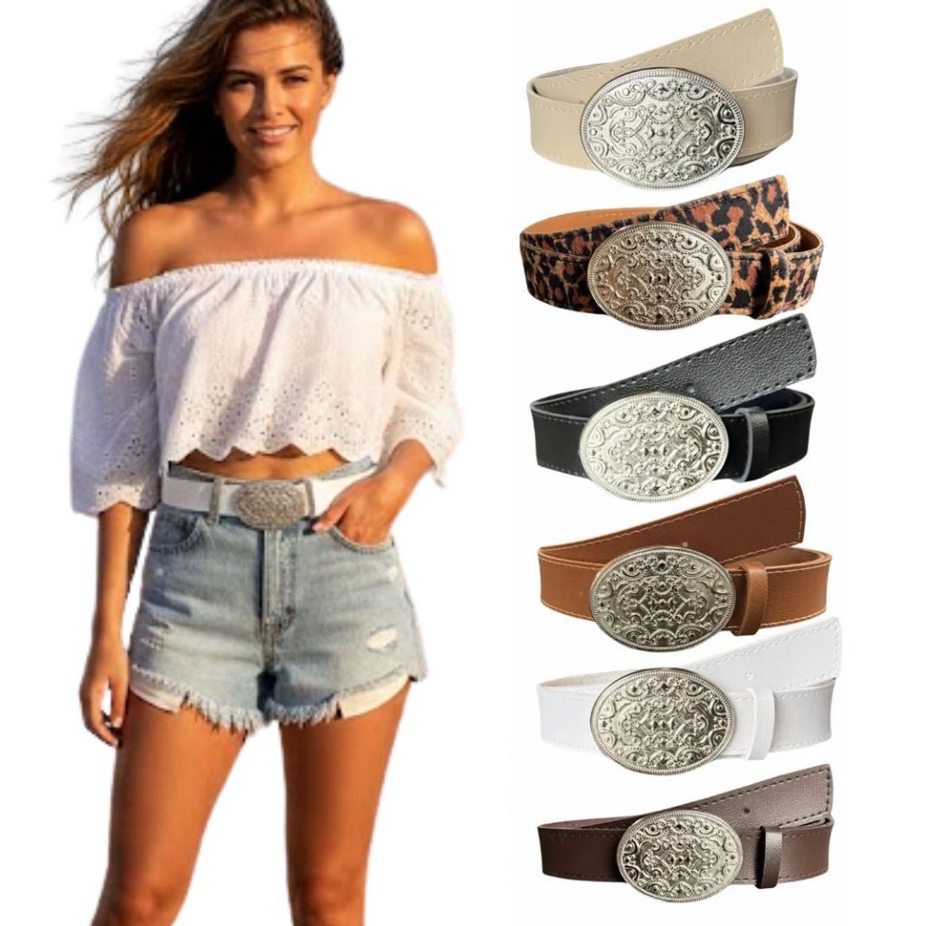 Cinto Feminino Fivela Prata Moda Country Boho Plus Size Elegante Couro PU Largo 3cm - Debora