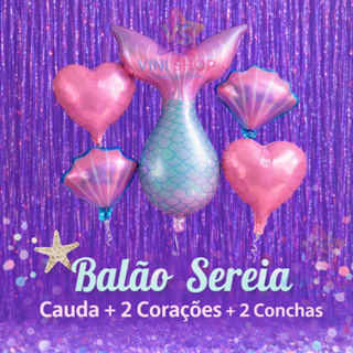 Kit Balão Sereia – Cauda + 2 Corações 45cm + 2 Conchas 45cm | Decoração Festa em Oferta na Shopee