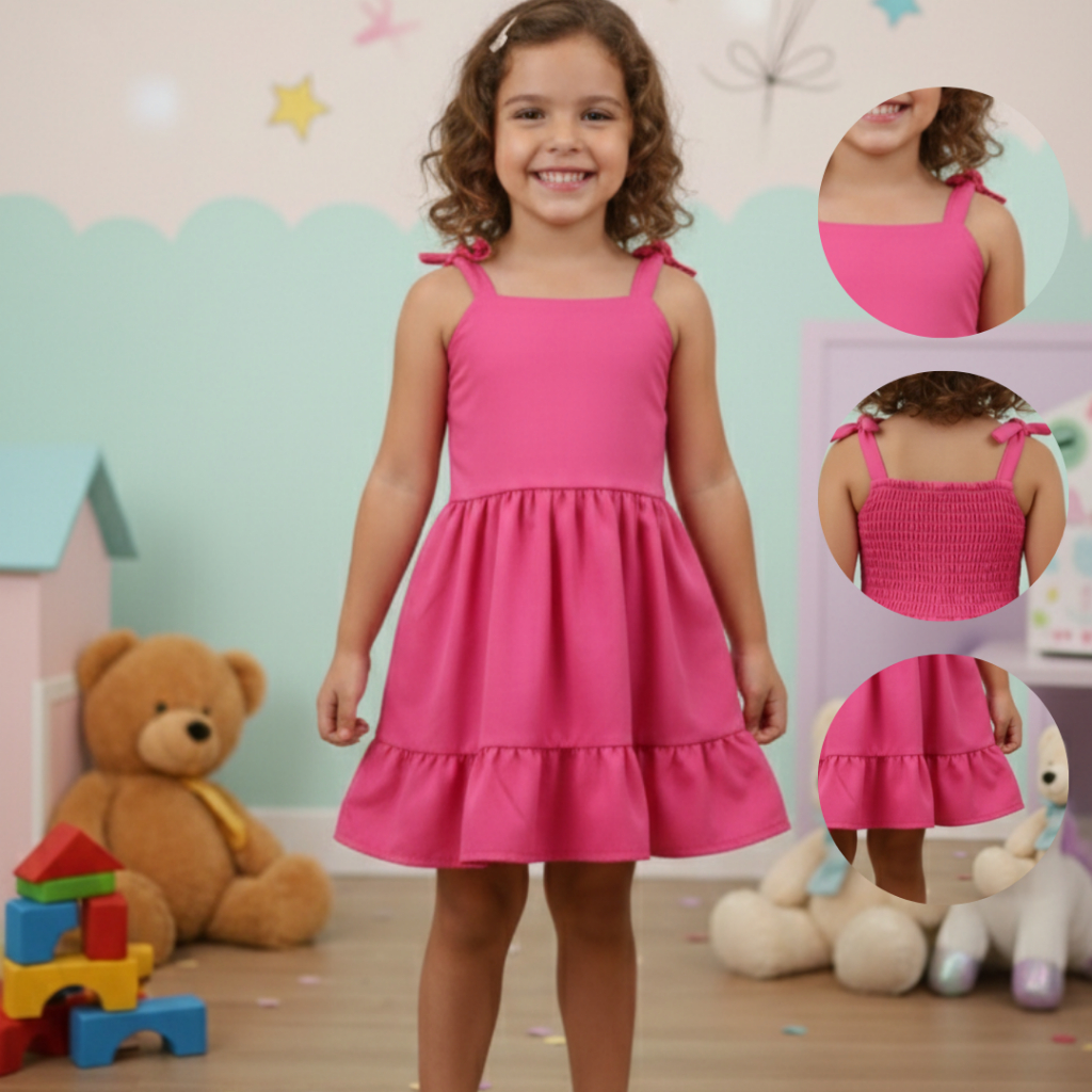 Vestido Infantil Menina Rodado com Alça de Amarrar Festa Aniversário 2 a 10 Anos Rosa Pink Azul Royal Vermelho