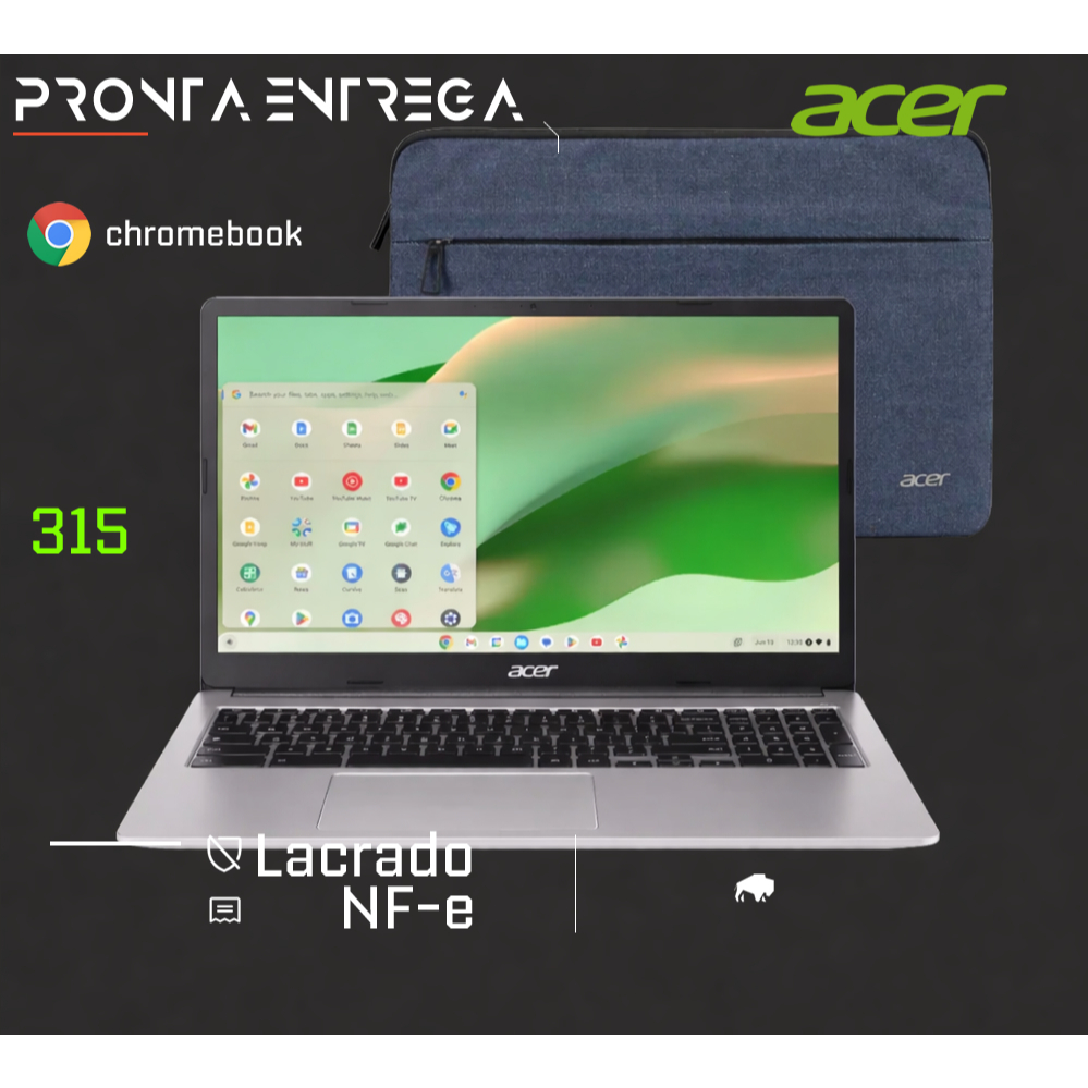 Chromebook Acer 315 15.6" Full HD intel DDR4 Wi-Fi 6 webcam 64GB + bolsa proteção