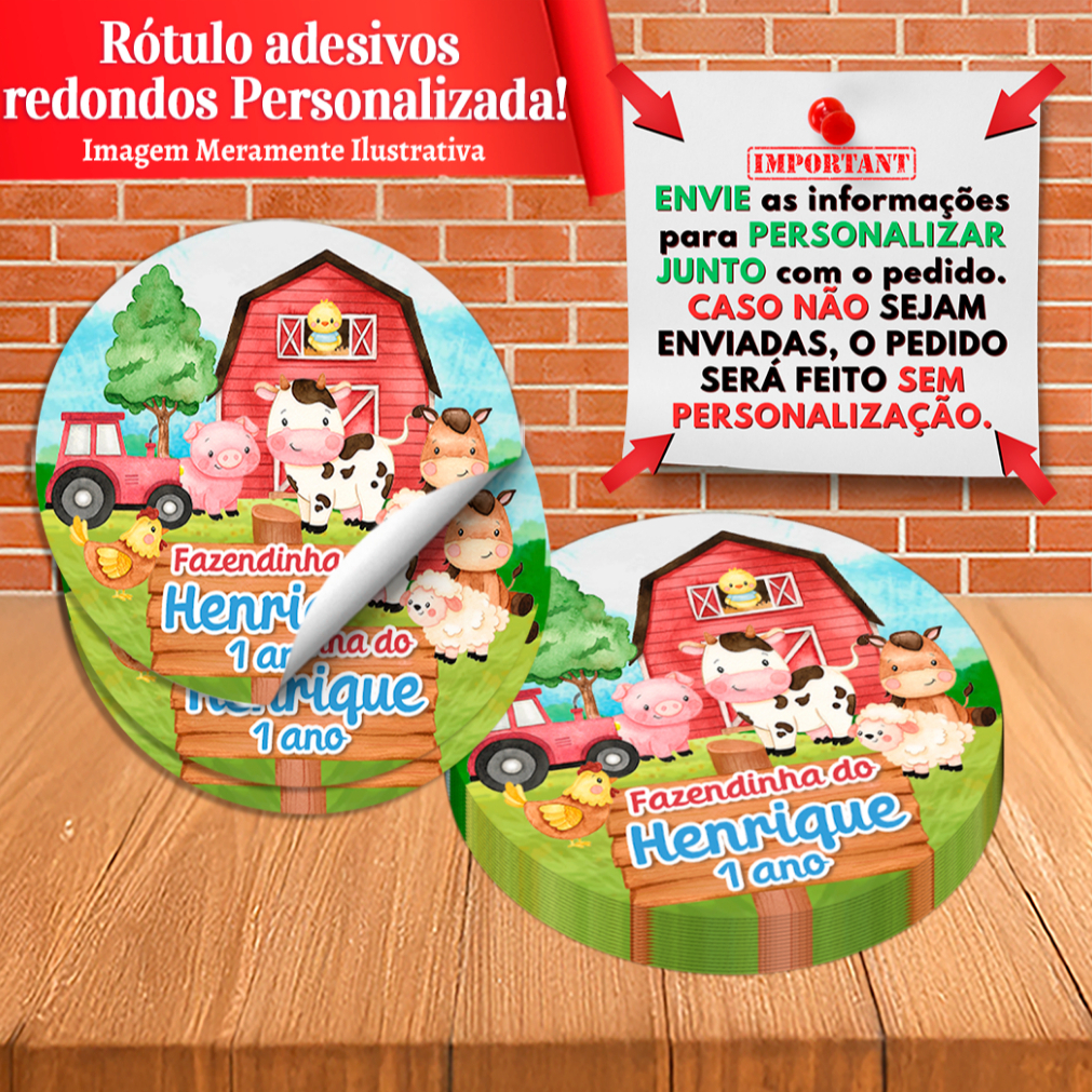Rótulos Adesivos Redondos Personalizados Fazendinha Aquarelado