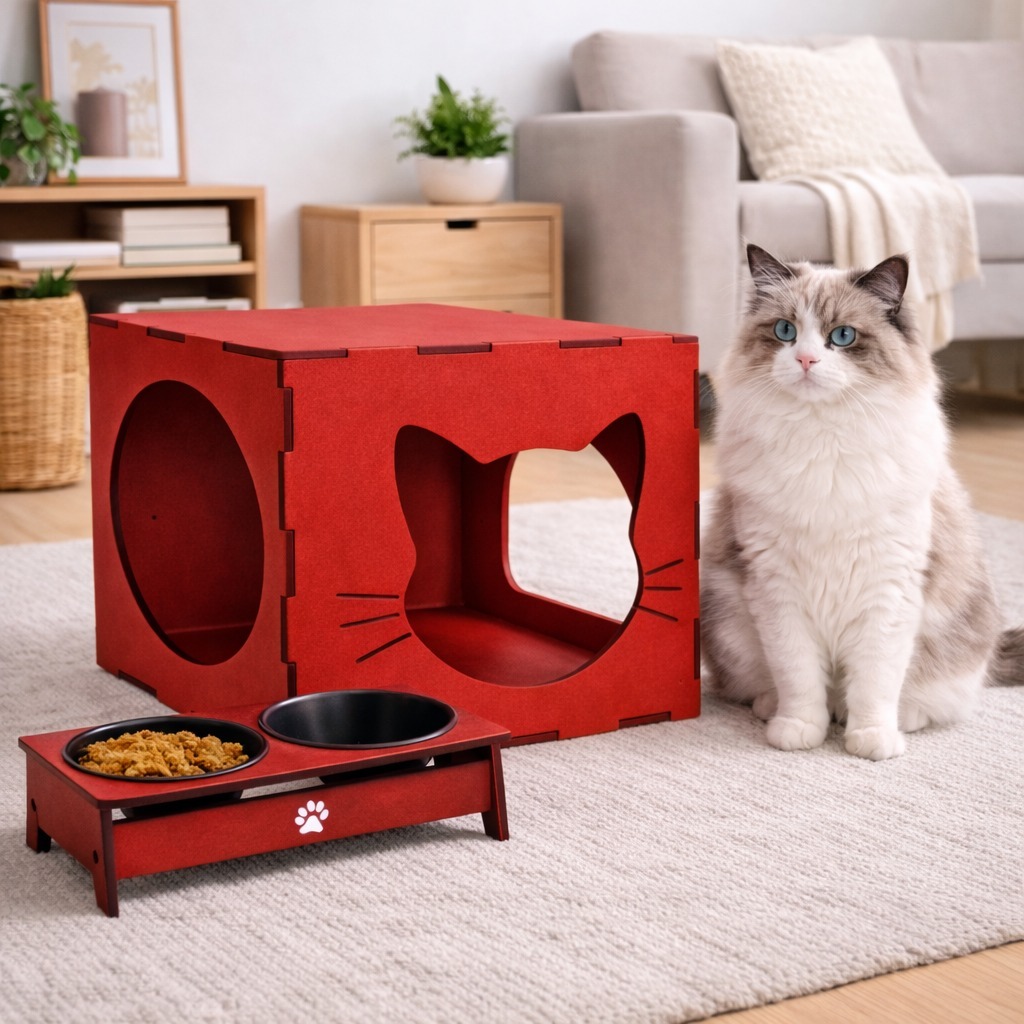Toca de Gato Casinha Kit Com Comedouro e Bebedouro Duplo em MDF