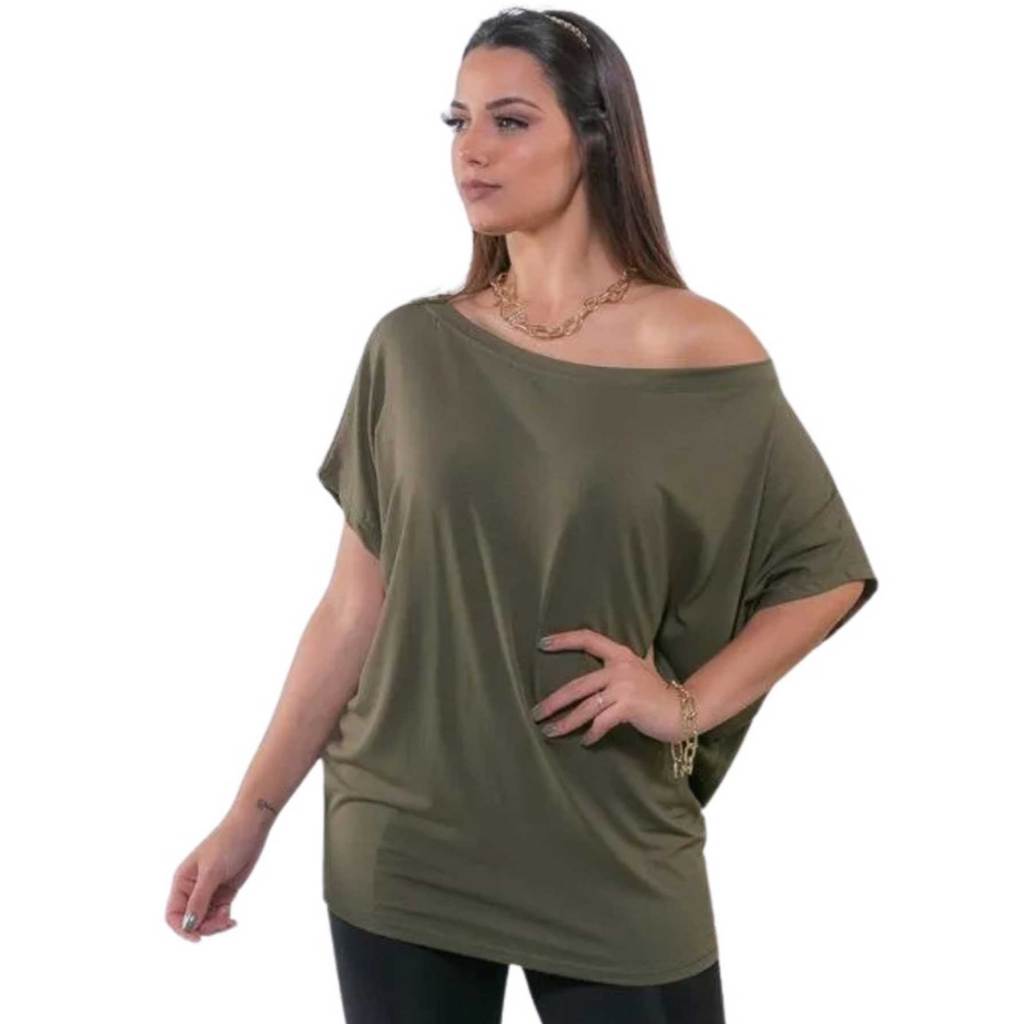 Blusa Feminina Manga Curta Morcego Soltinha Malha Gola Canoa Elegante