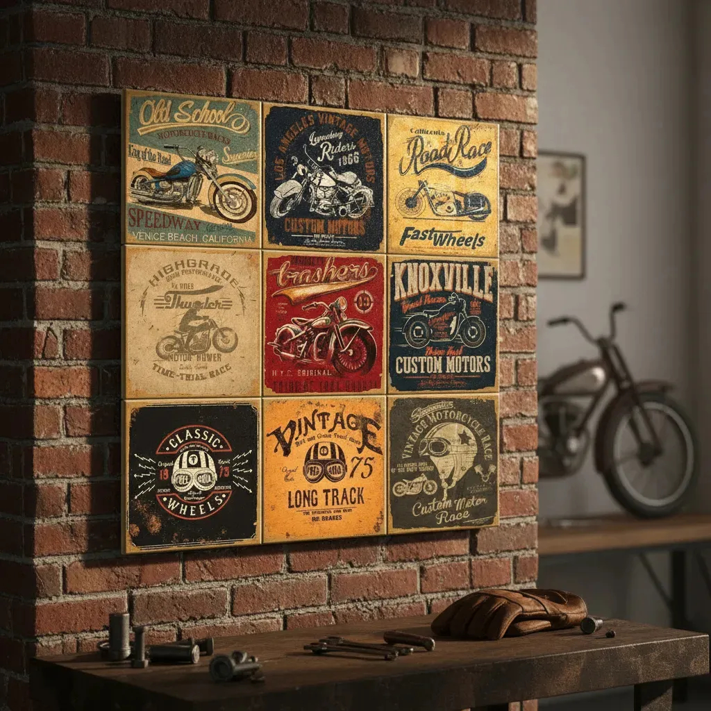 Azulejos Decorativos Retrô Motorcycle HARLEY STYLE Vintage Custom Kit 9 Peças 15x15cm.