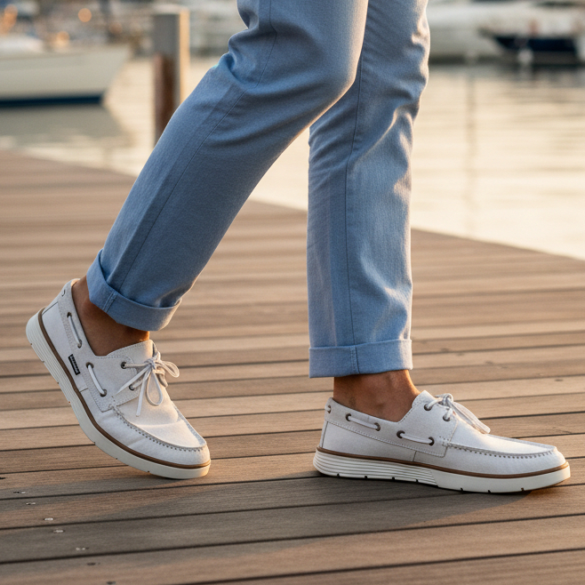 Sapato Casual Mocassim Dockside em Couro Legítimo Polo Urban Sola Emborrachada Branca