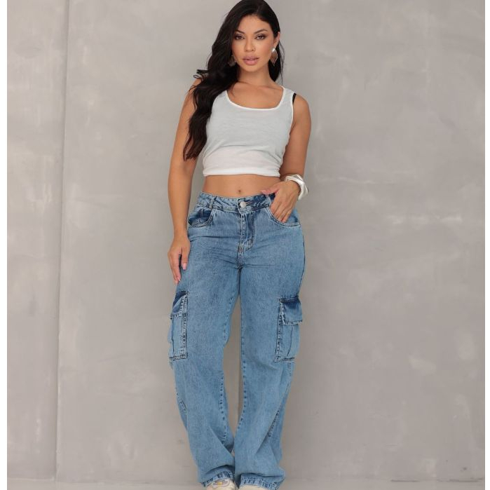 Calça Jeans Wide Cargo Feminina Confortável Casual Versátil Tendência Elegante Moderna Blogueira