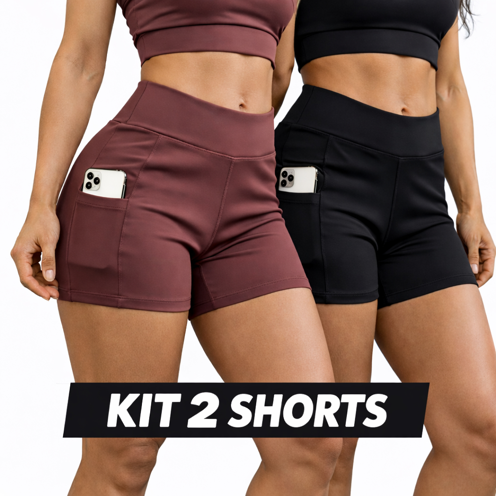 Kit 2  Short Feminino  Com  Bolso Lateral  Caminhada Academia Zero Transparência Cos Alto