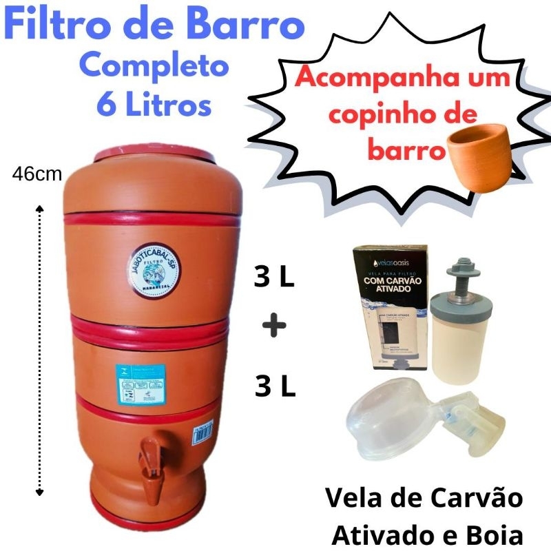 filtro de barro 6.litros total ,vela carvão ativado, completo