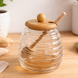 Meleira de Vidro Com Tampa e Colher Bambu 480ml em Oferta na Shopee