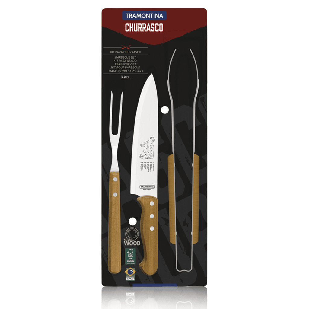 Kit Churrasco Completo Conjunto Trinchante 3 Peças Tramontina Cabo de Madeira Pegador Garfo Faca