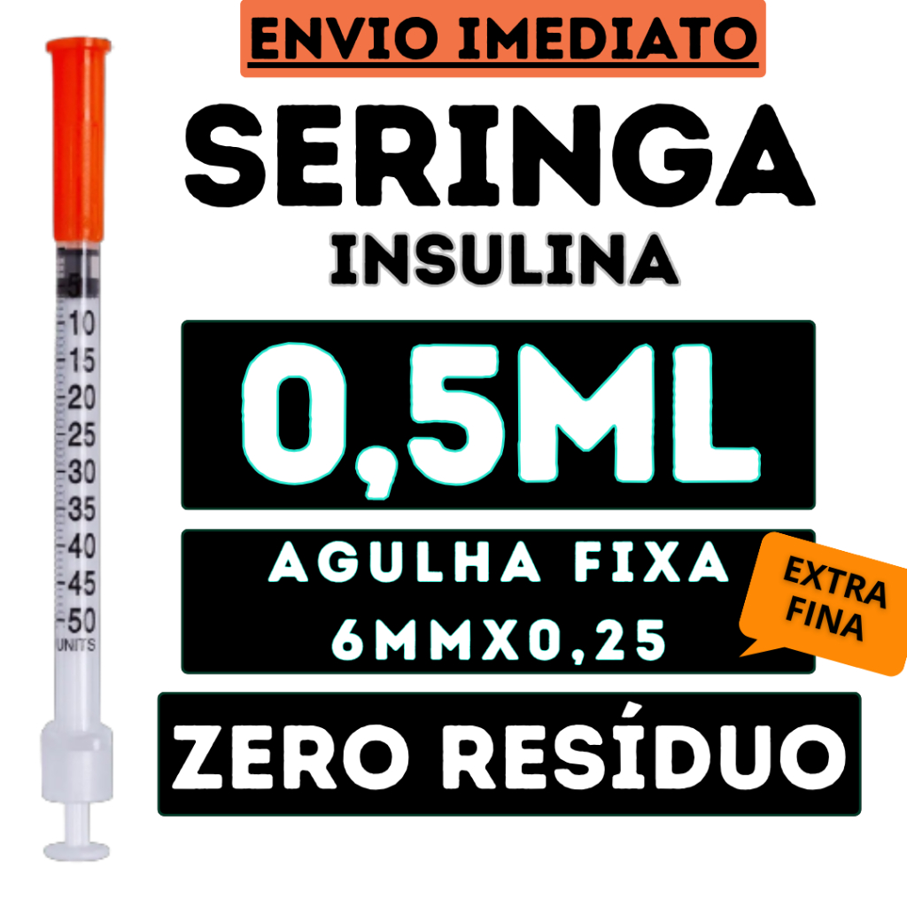 Seringa De Insulina 0,5ml ou 50ui C/ Ag. Fixa 6mmx0,25mm - ULTRA FINA - Blister Individual - Sol M