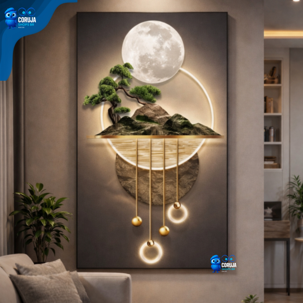 Quadro Decorativo  Lua Cheia Montanha Árvore Bonsai Moderno Sala Quarto Parede Luxo
