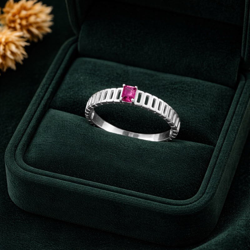 Anel Solitário com Pedra Rosa em Prata 925 Legítima Feminino Elegante