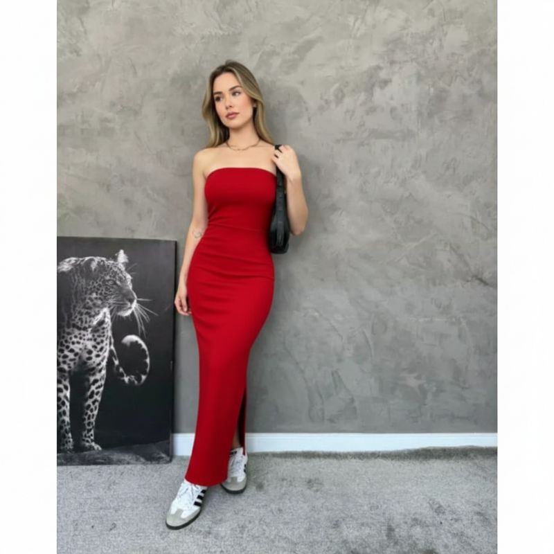 Vestido longo tomara que caia Anarruga elegância e conforto em um único vestido em Oferta na Shopee