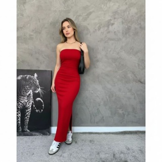 Vestido longo tomara que caia Anarruga elegância e conforto em um único vestido em Oferta na Shopee