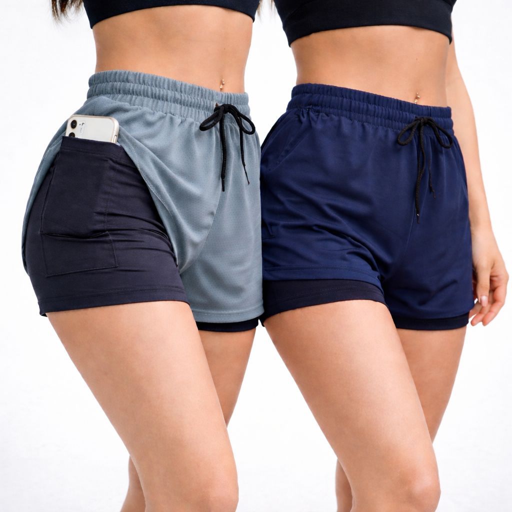 kIT 2 Shorts compressão 2 em 1 Feminino para academia caminhadas e corrida Fitness Bermuda Dry fit