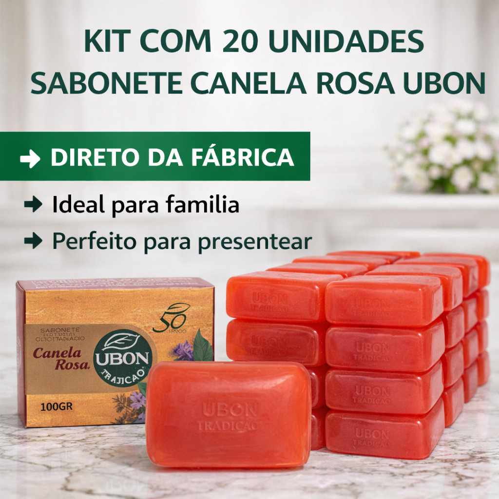 Sabonete em barra Canela Rosa de glicerina 100g Ubon - Kit C/20 Unidades com Oleos Essenciais