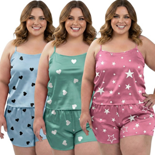 Kit 3 Conjuntos Plus Size Baby Doll Short Doll Estampado Sem Bojo Premium em Oferta na Shopee