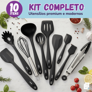 Kit 10 Peças Conjunto Utensílios Cozinha Silicone Inox Jogo Colheres Pegador Concha Espátula Fouet em Oferta na Shopee