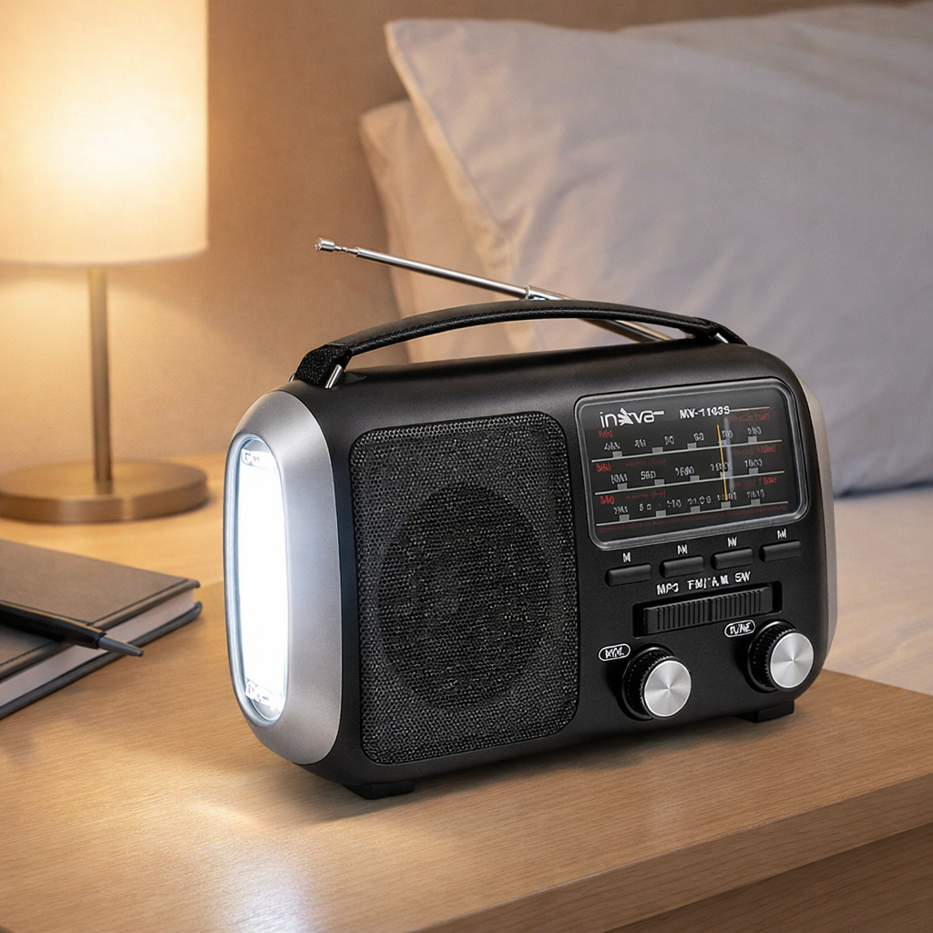 Rádio Portátil Inova FM AM SW com Lanterna LED Bateria Recarregável USB TF AUX
