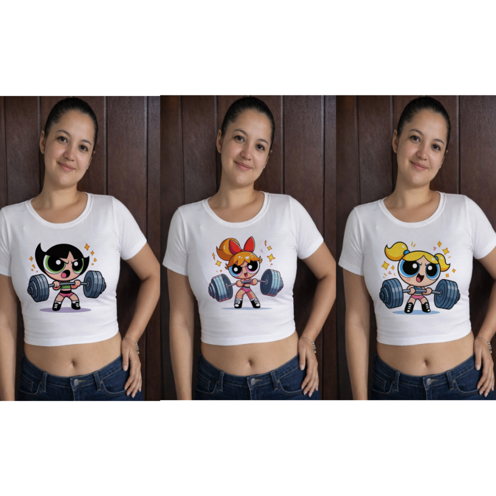 KIT COM 3 CROPPEDS FEMININO,TAMANHO UNICO,MENINAS SUPER PODEROSAS,DOCINHO,FOTO REAL DO PRODUTO