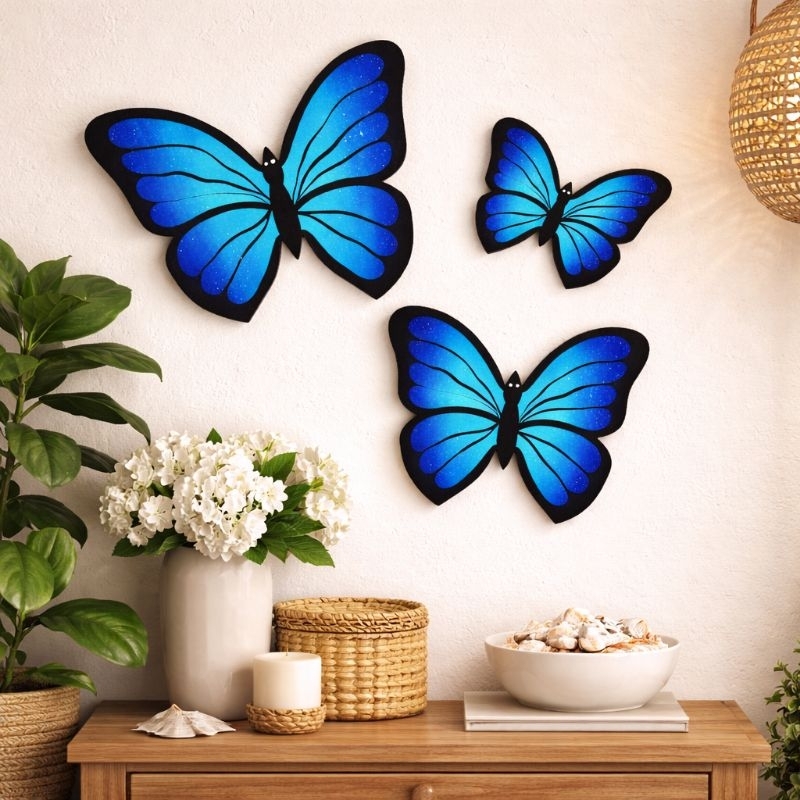 ENFEITE TRIO DE BORBOLETAS DE PAREDE  EM MDF PINTADAS À MÃO BORBOLETA DE MADEIRA ARTESANATO em Oferta na Shopee