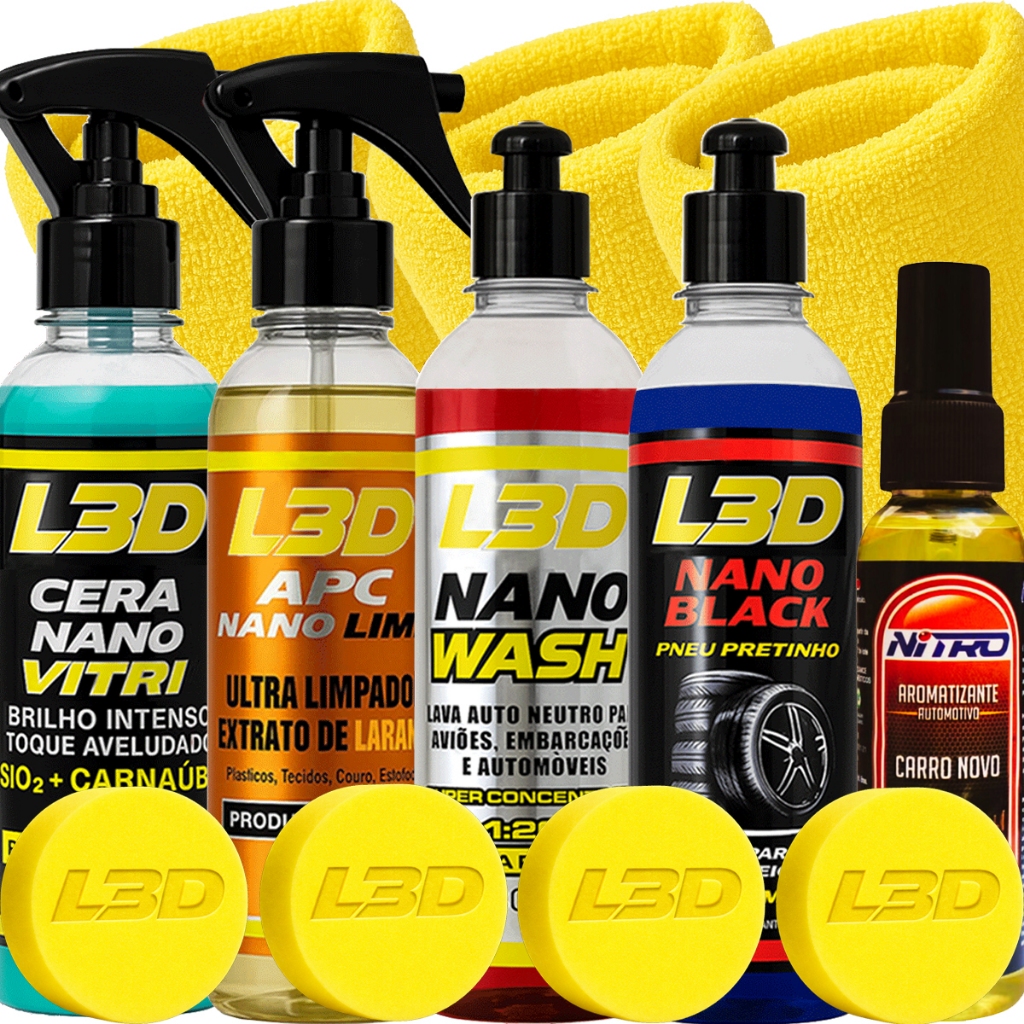 Kit Lavagem Automotiva Cera L3D, Shampoo Automotivo, Apc, Pretinho, Aromatizador,Flanela e Aplicador