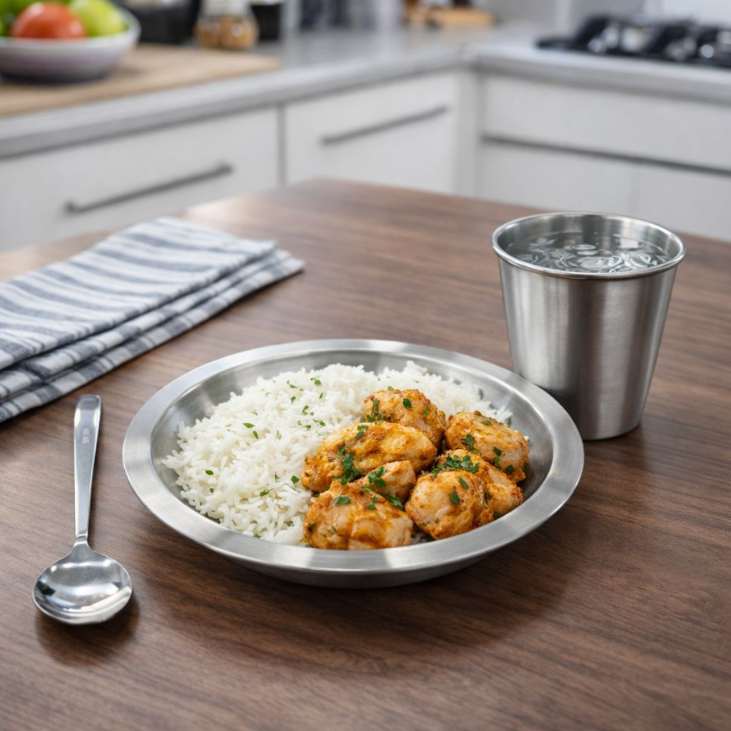 Conjunto Prato Copo E Colher Inox Infantil Compacto Inox