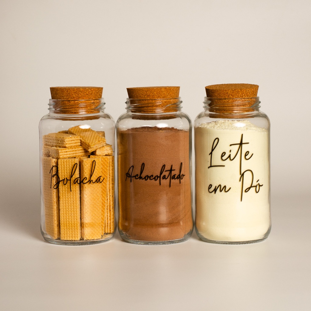 Kit Cantinho do Café - Achocolatado, Leite em Pó e Bolacha | 3 Potes de Vidro 830ml p/ Mantimentos
