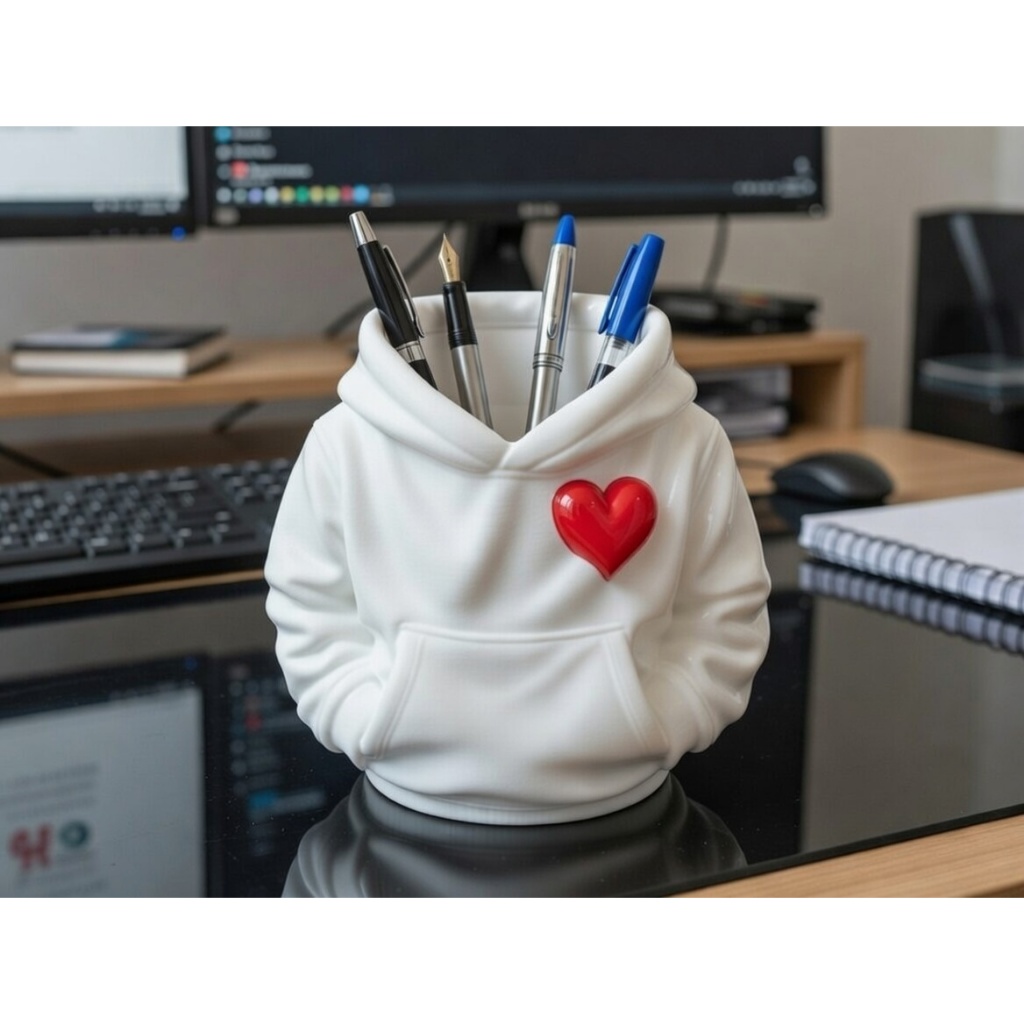Porta Canetas Moletom Branco com Coração Vermelho - Organizador Divertido em Impressão 3D PLA
