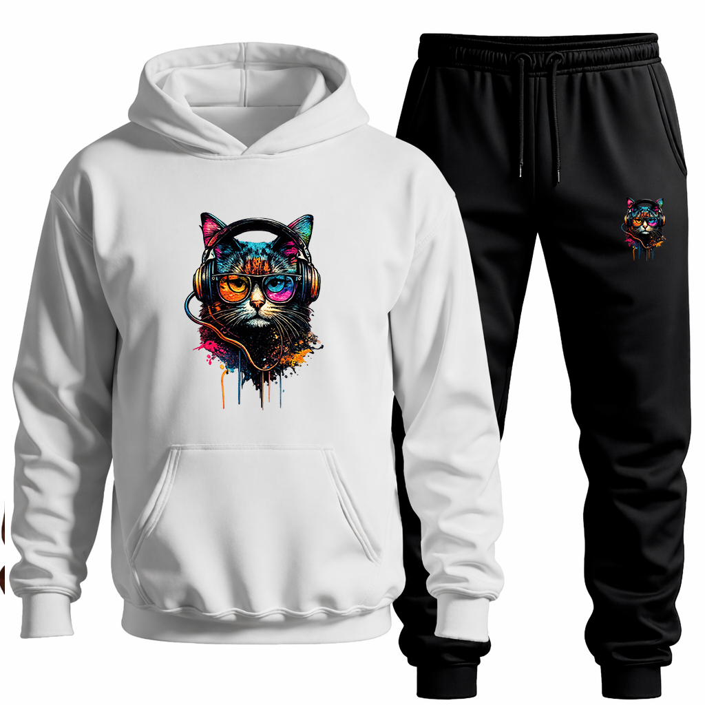 Conjunto Moletom Canguru+Calça Estampa Gato Óculos Colorido Blusa Agasalho Algodão Flanelado Confortável Passeio Treino