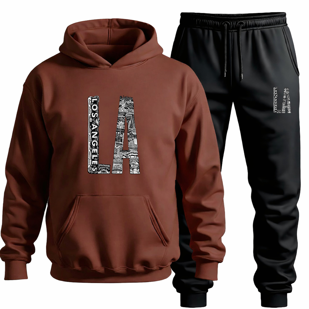Conjunto Moletom Canguru+Calça Estampa LA Los Angeles Blusa Agasalho Casaco Algodão Flanelado Passeio Treino Academia