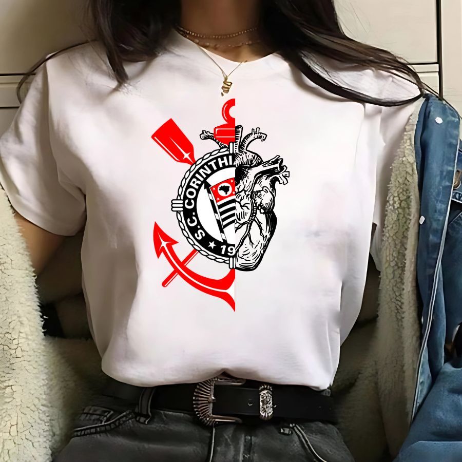 Camisa Do Corinthians Coraçao Alvinegro Blusa Do Coringao / Camiseta Feminina Do Corinthians