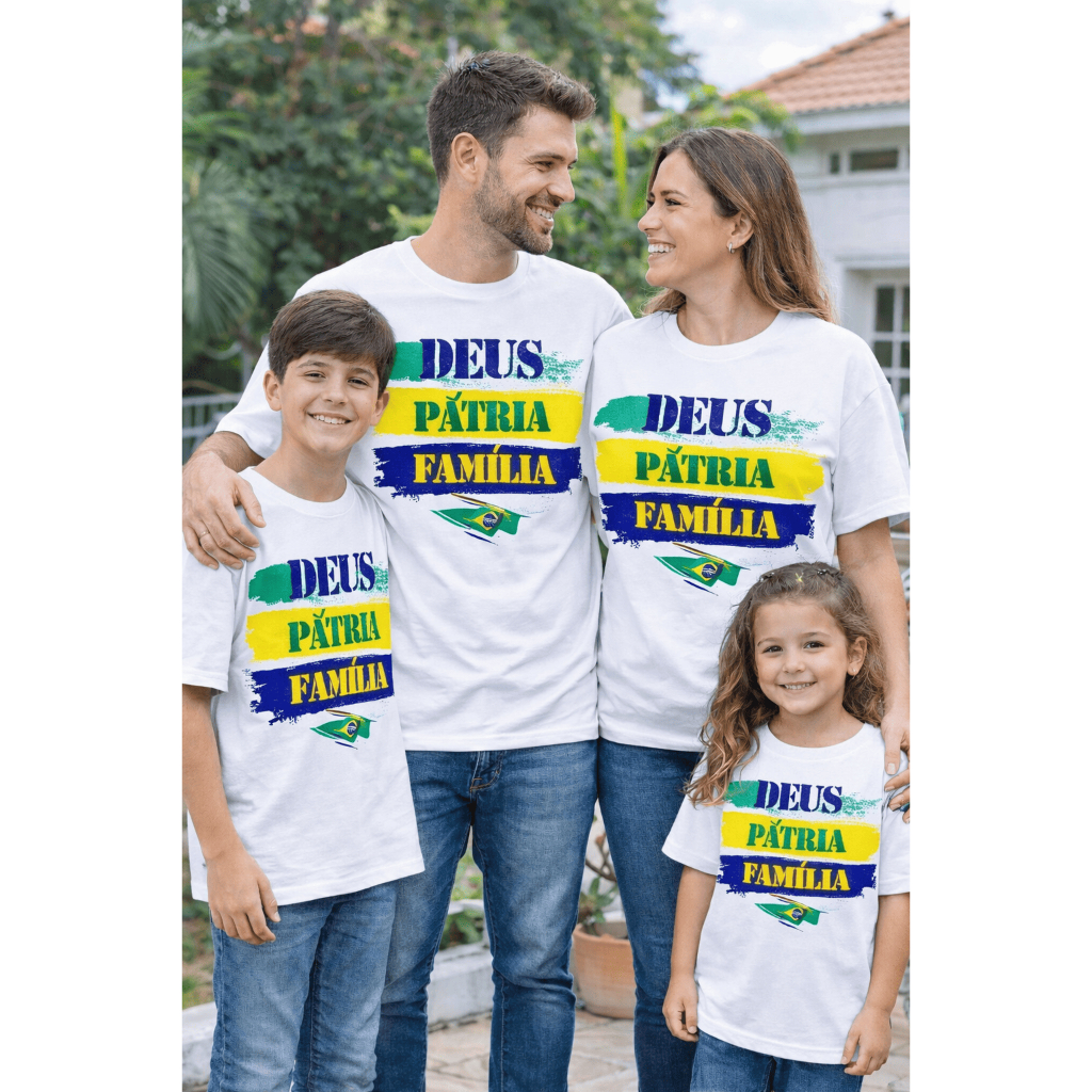 Camiseta Deus Pátria Família Pai Mãe e Filha Estampa Valores Cristãos Fé Família Algodão Confortável