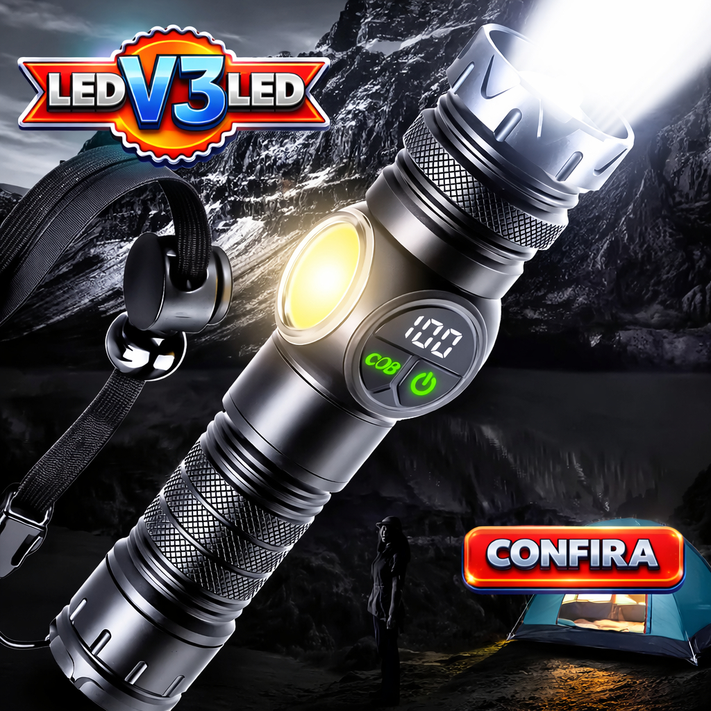 Lanterna Militar Super Potente LED V3 + COB de Emergência Tática Recarregável Camping