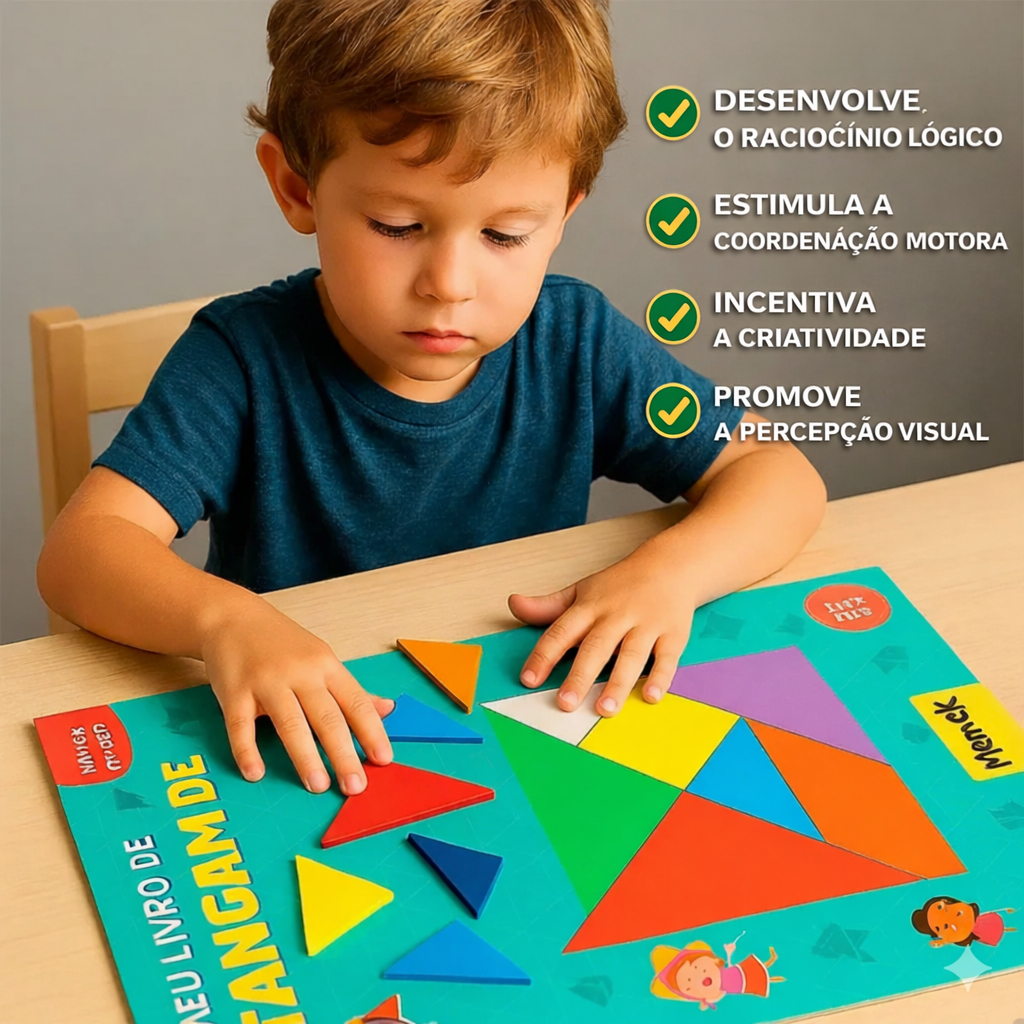 Tangram Educativo Infantil + Livro Interativo Com Pecas MDF Jogo Raciocinio Logico Formas Geometricas Didatico Criativo
