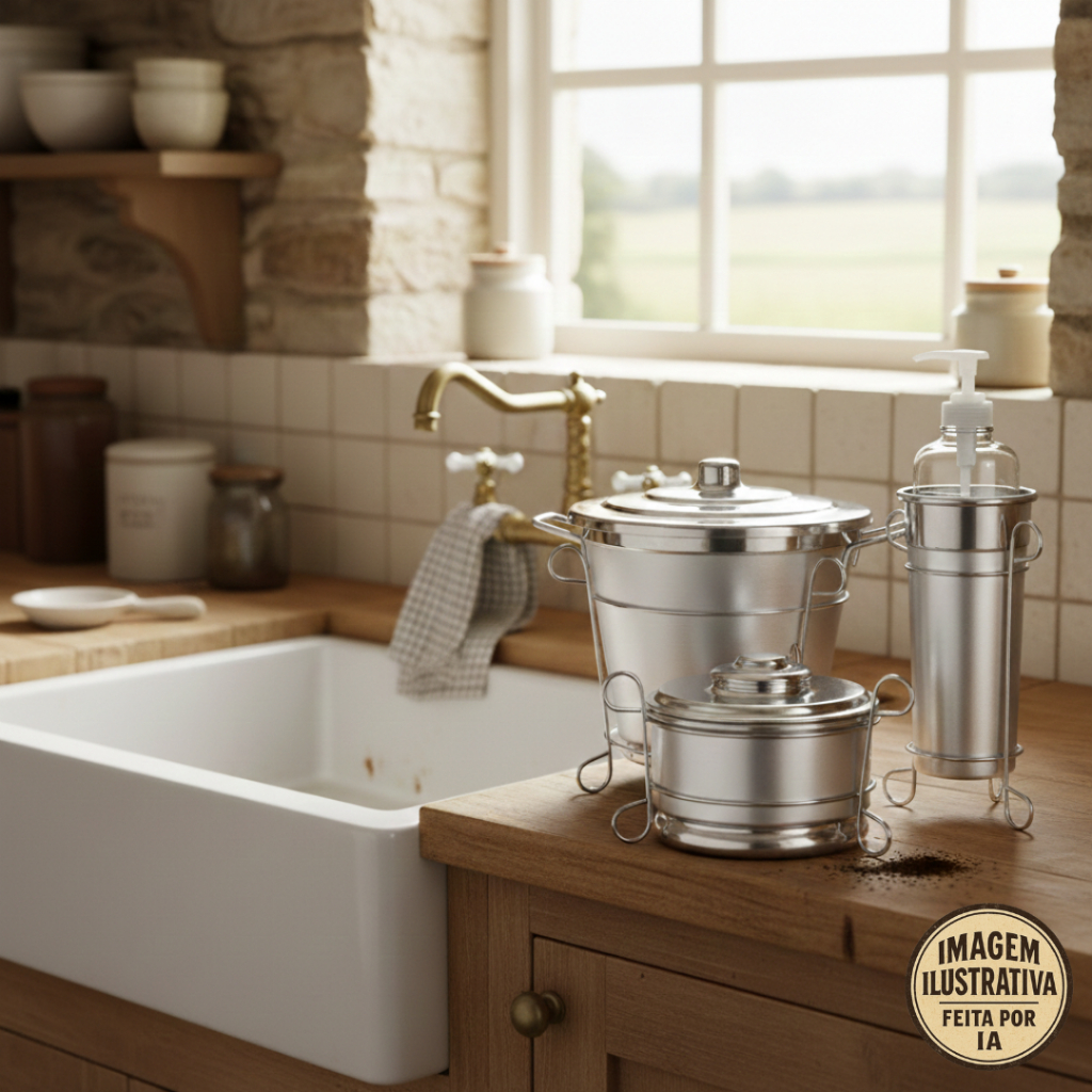 Porta Detergente Sabão E Lixeira - Kit Pia Em Alumínio Polido Escovado com suporte em Oferta na Shopee