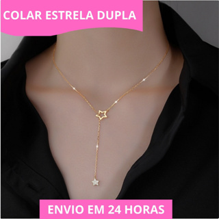 Colar Feminino Estrela Dupla com Strass Banhado Ouro Prata  Delicado Feito Zinco em Oferta na Shopee