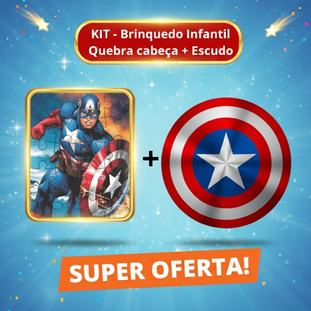 Kit Quebra Cabeça Infantil 20 Peças Grande 20x25 + Escudo Capitão América MDF 3mm Brinquedo Criança