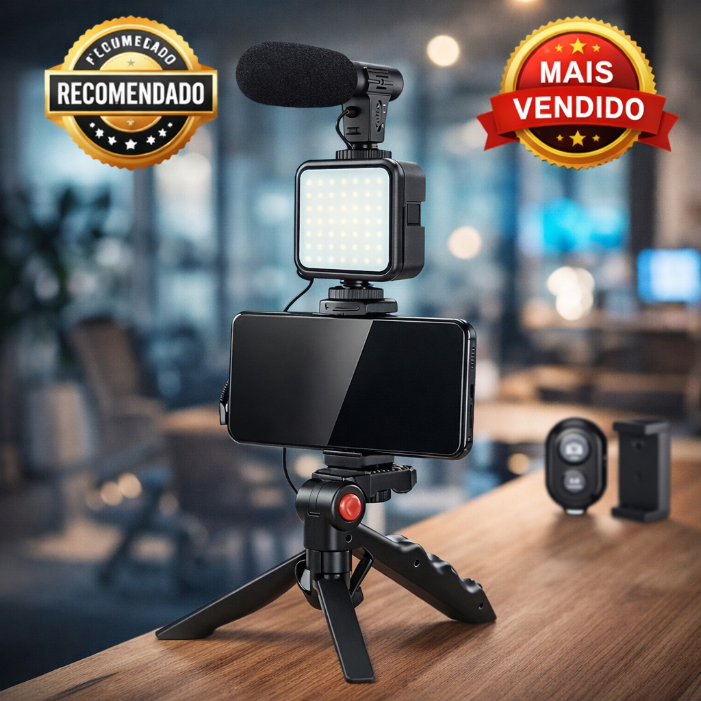 Tripé Estabilizador de Mão c/ LED, Microfone e Controle Bluetooth p/ Celular Gravação Vlog Live em Oferta na Shopee