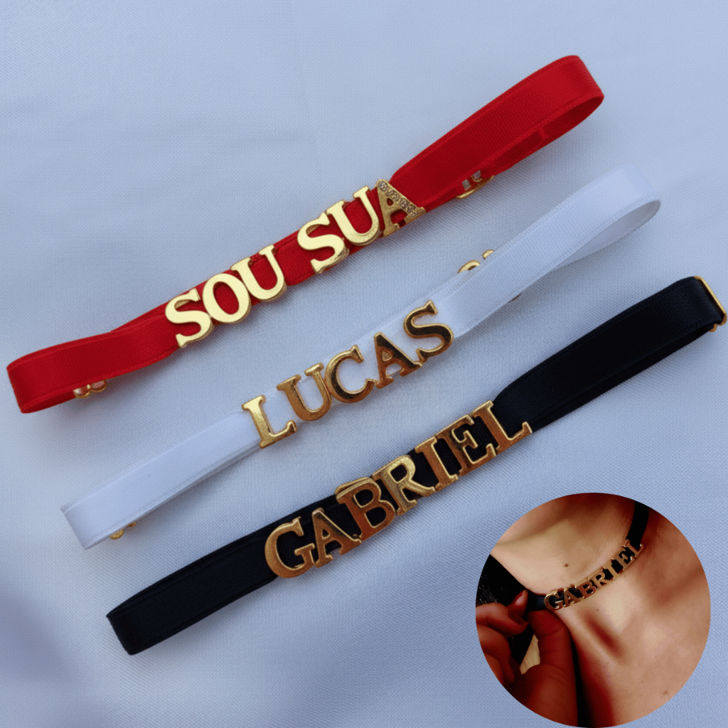 Colar gargantilha Coleira Humana nome personalizado Chocker fantasia LETRA DOURADA Ajustável em Oferta na Shopee