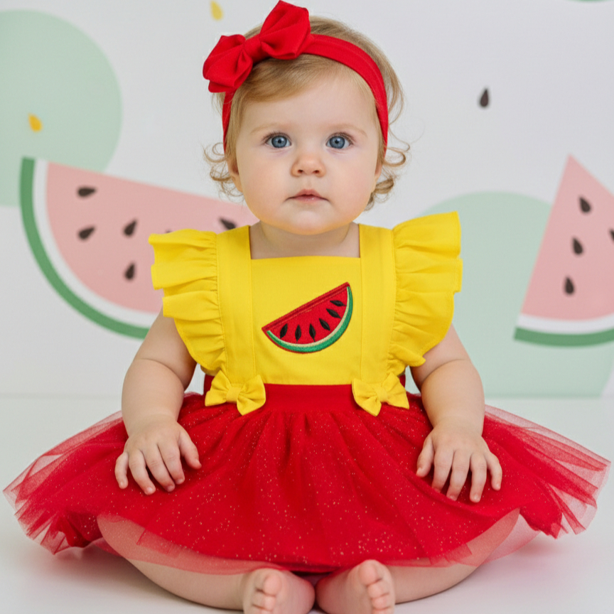 Jardineira Romper Saia Body Melancia Luxo Infantil Menina Bebe Roupa de Criança Mesversario Fantasia