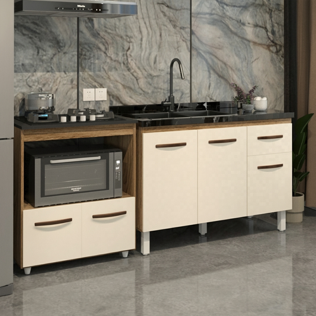 Cozinha Armário Balcão Gabinete de Pia Aline 120 cm e Balcão Evelyn para Fogão Cooktop 5 Bocas e Forno Savana Off White