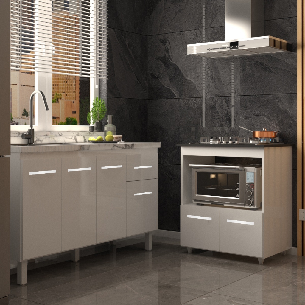 Balcão Cozinha Gabinete de Pia 140 cm Camila e Balcão Evelyn Para Fogão Cooktop 4 Bocas e Forno Elétrico Branco