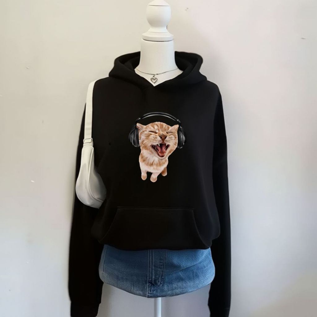 Moletom Canguru Y2k Peluciado Estampa De Gatinho Meme Com Capuz Ajustável
