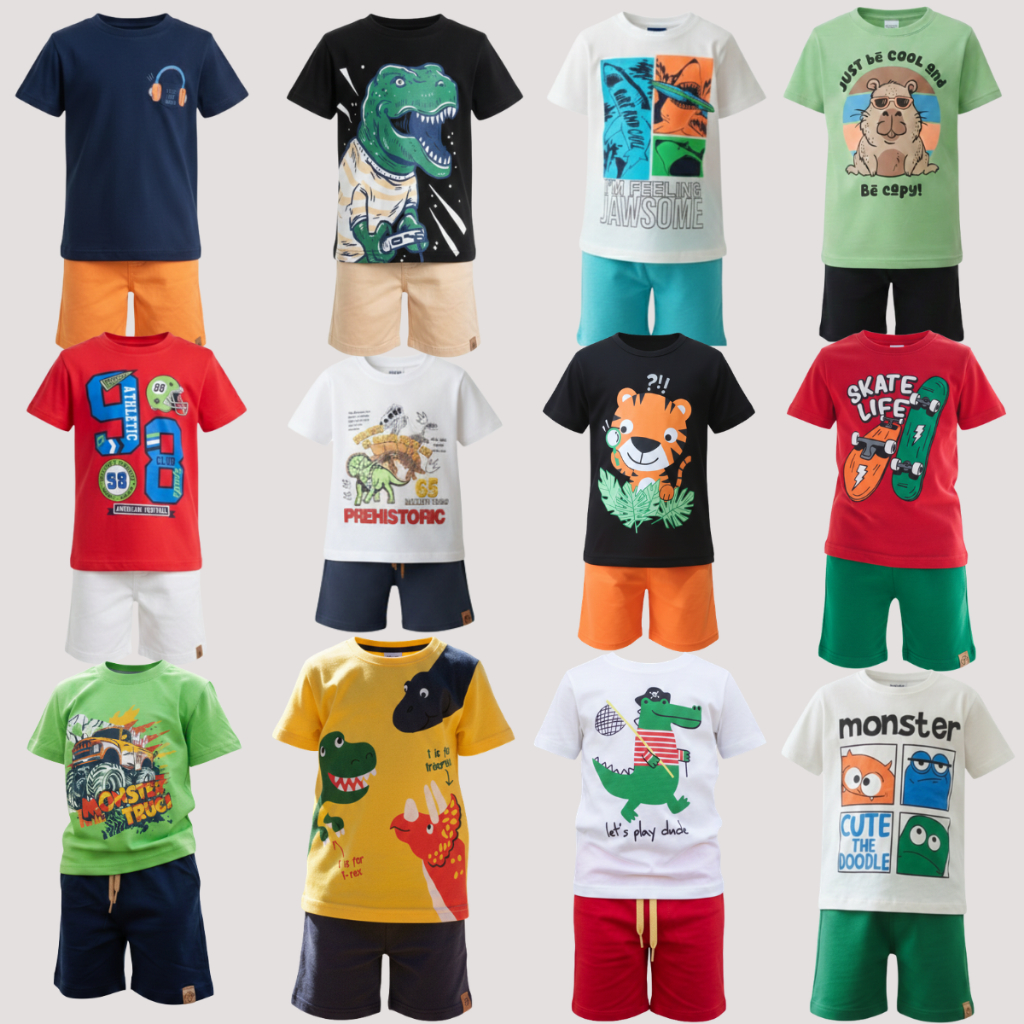 Conjunto Infantil Masculino Verão – 1 Camiseta + 1 Bermuda – Roupa de Menino Sortida e Confortável
