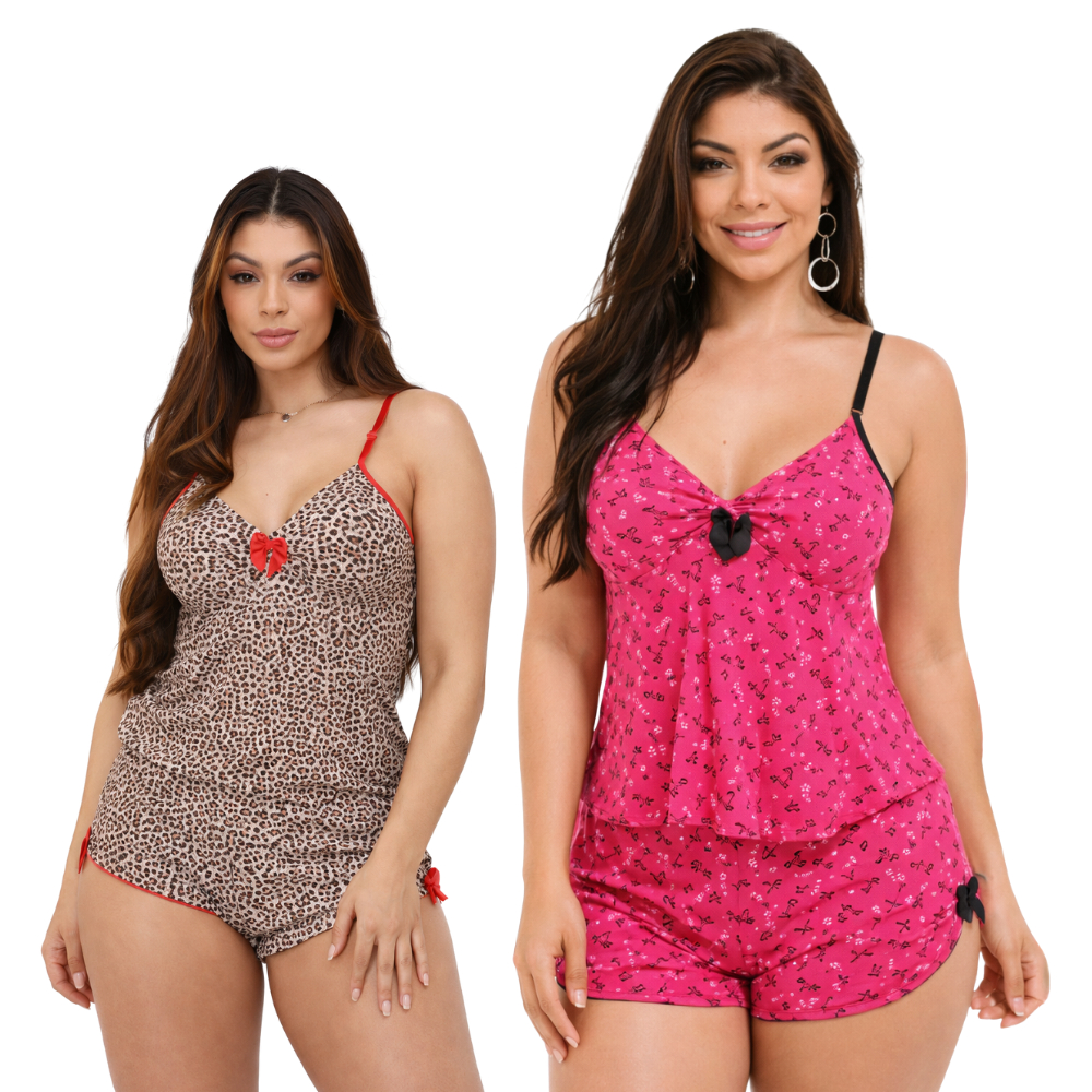 Kit 2 Pijama Baby Doll Feminino Liganete Malha Fria Fresquinho Alça Ajustável