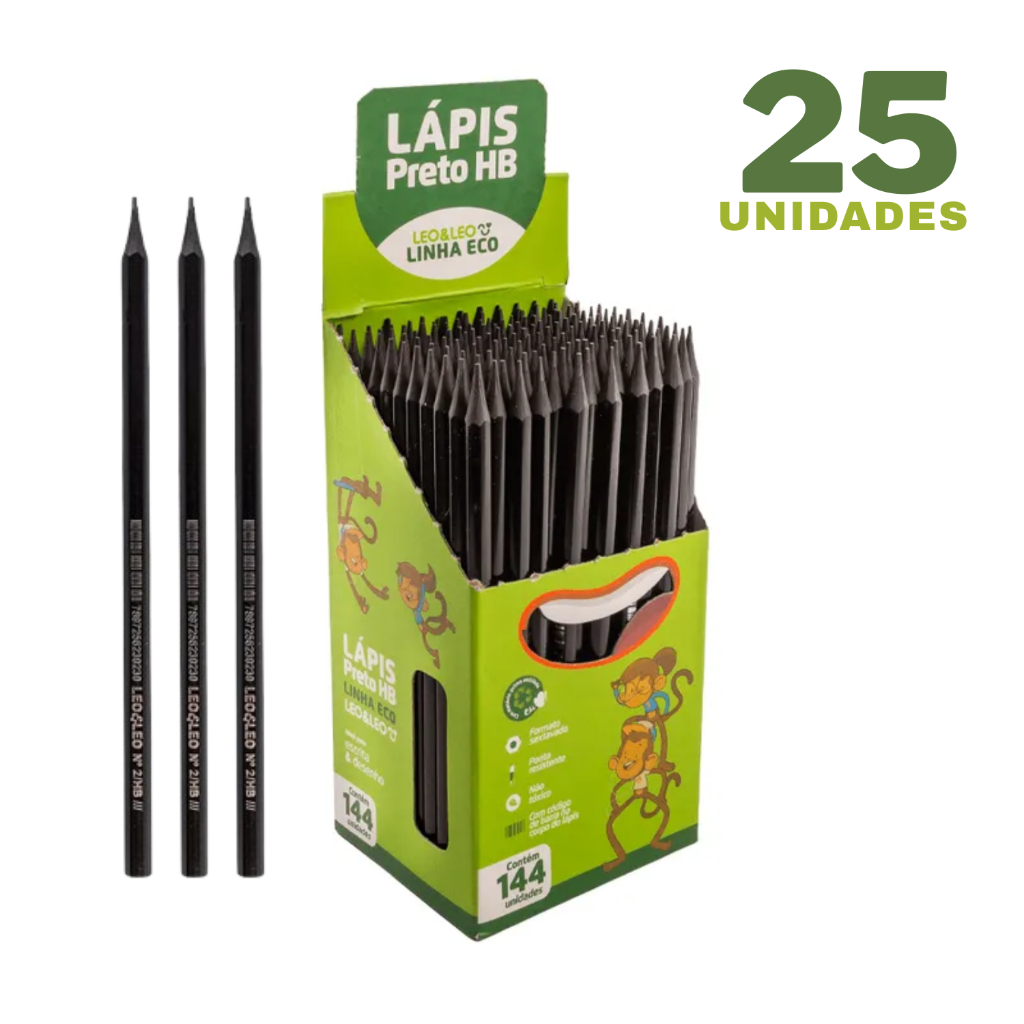 Kit 25 Lápis Grafite HB Nº2 Leo&Leo ECO Preto Sextavado Para Escola